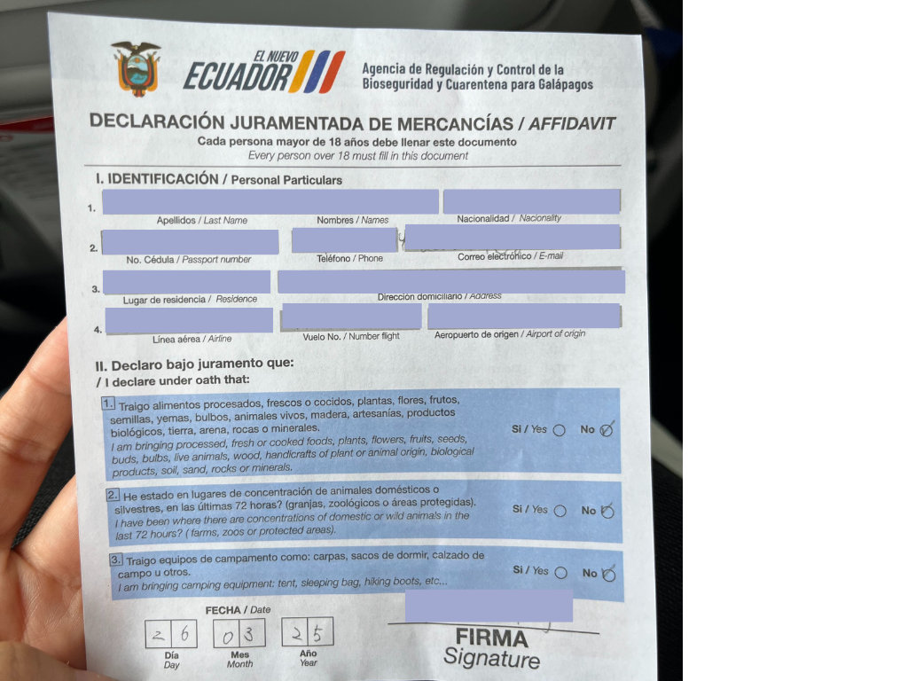 A picture of declaration form for Galapagos