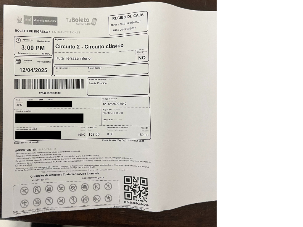 A picture of ticket for machu picchu ruins